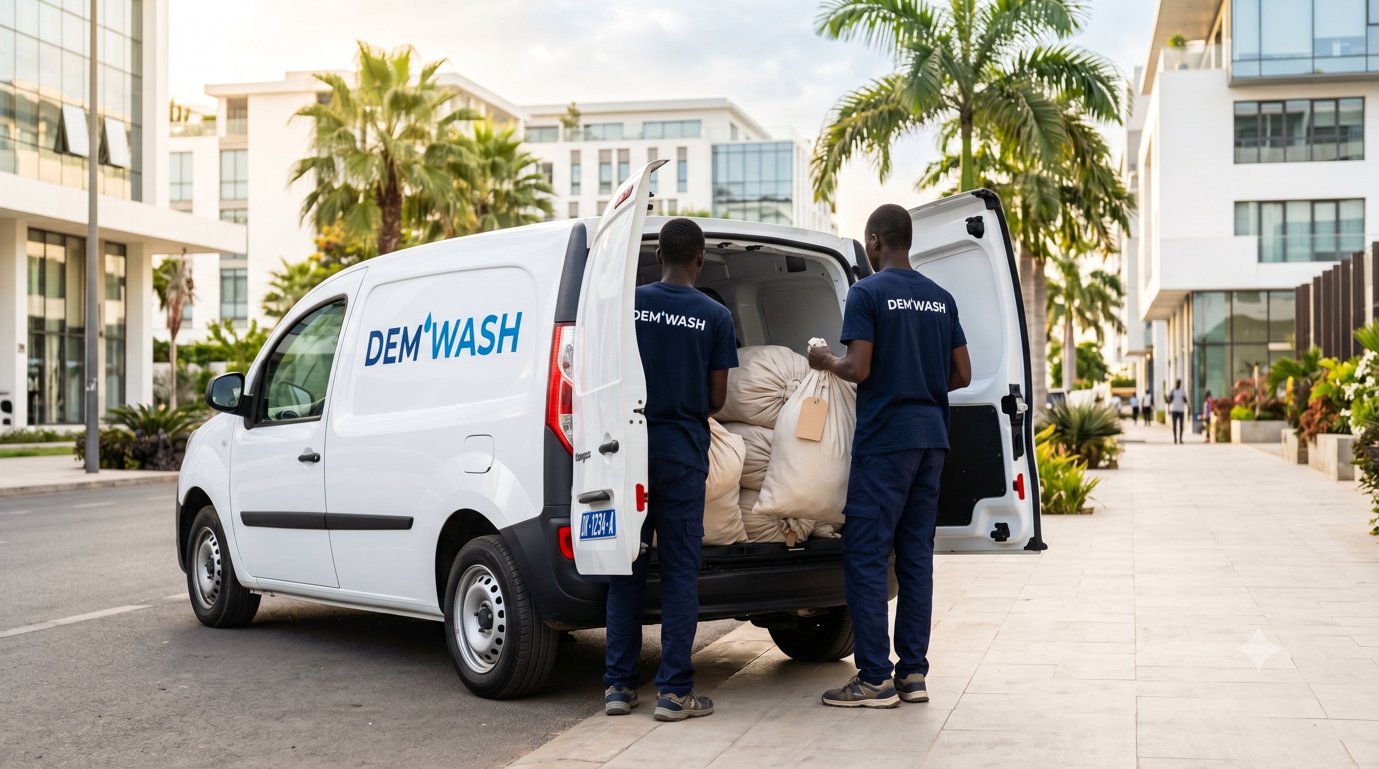 Camionnette Dem'Wash en cours de collecte chez un client professionnel à Dakar