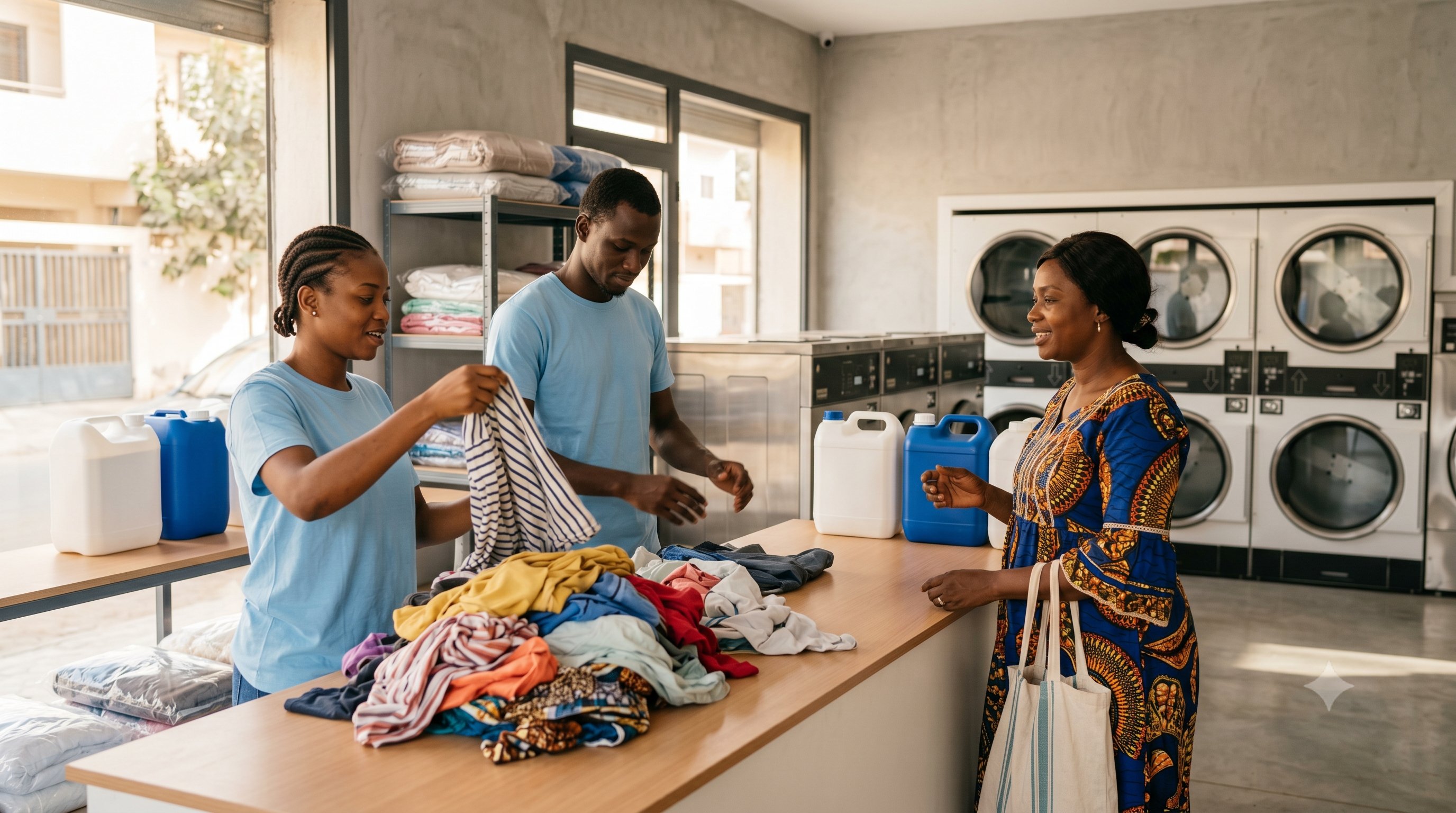 L'équipe Dem'Wash trie le linge avec une cliente au comptoir
