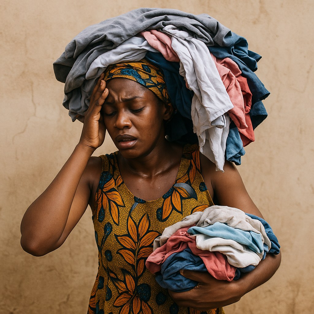 Cliente sénégalaise débordée par sa pile de linge à laver