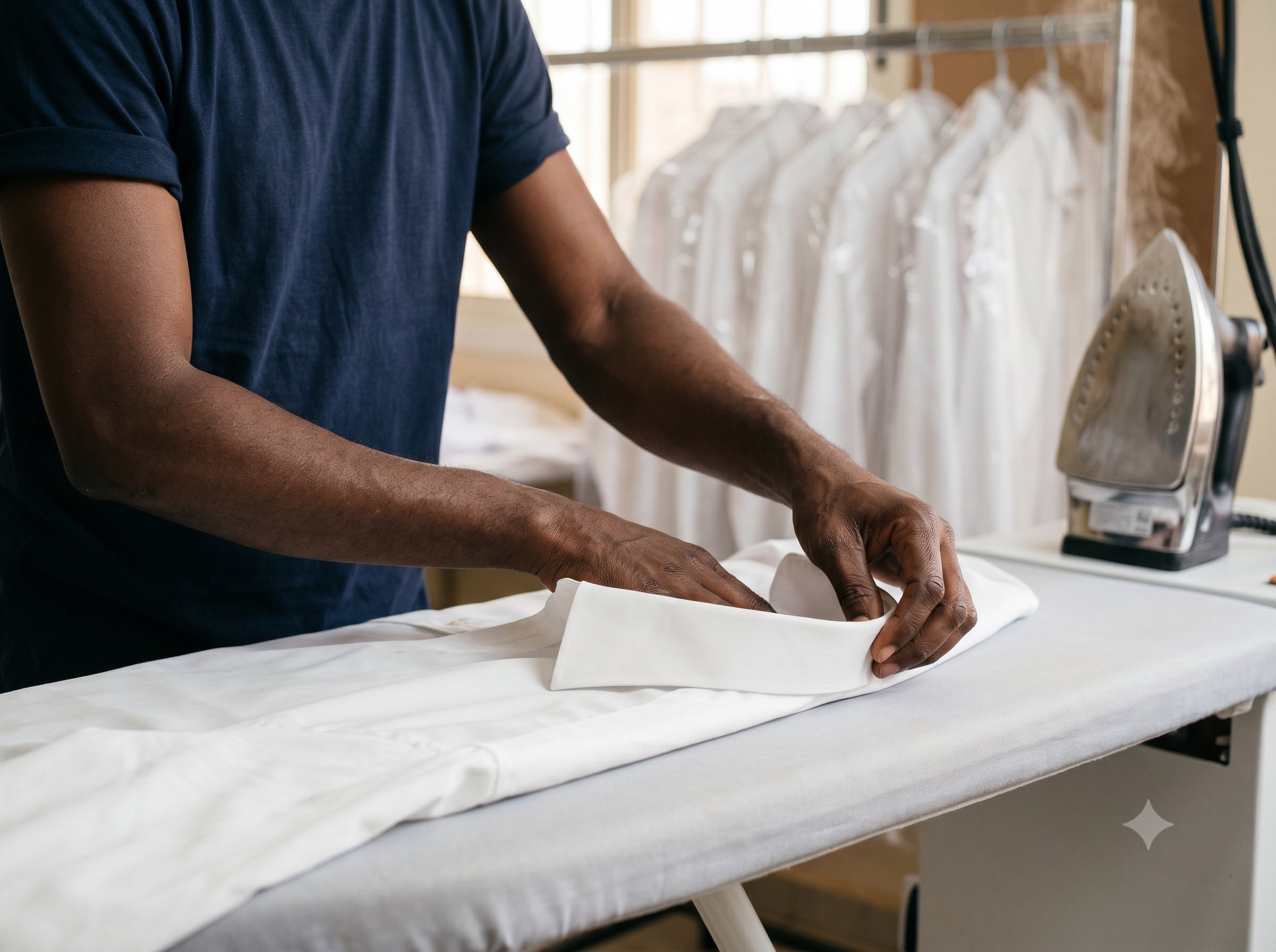 Mains d'un employé Dem'Wash lissant le col d'une chemise blanche au pressing